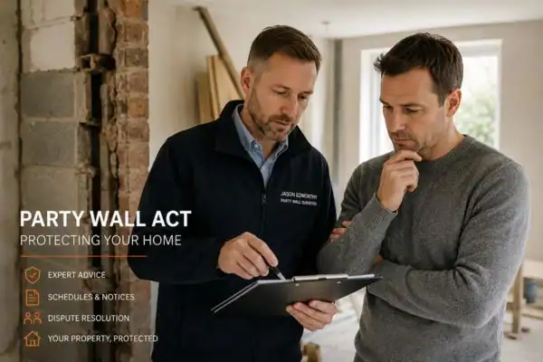 Party wall surveyor St Neots discussing extension plans with homeowner outside a UK semi-detached house.